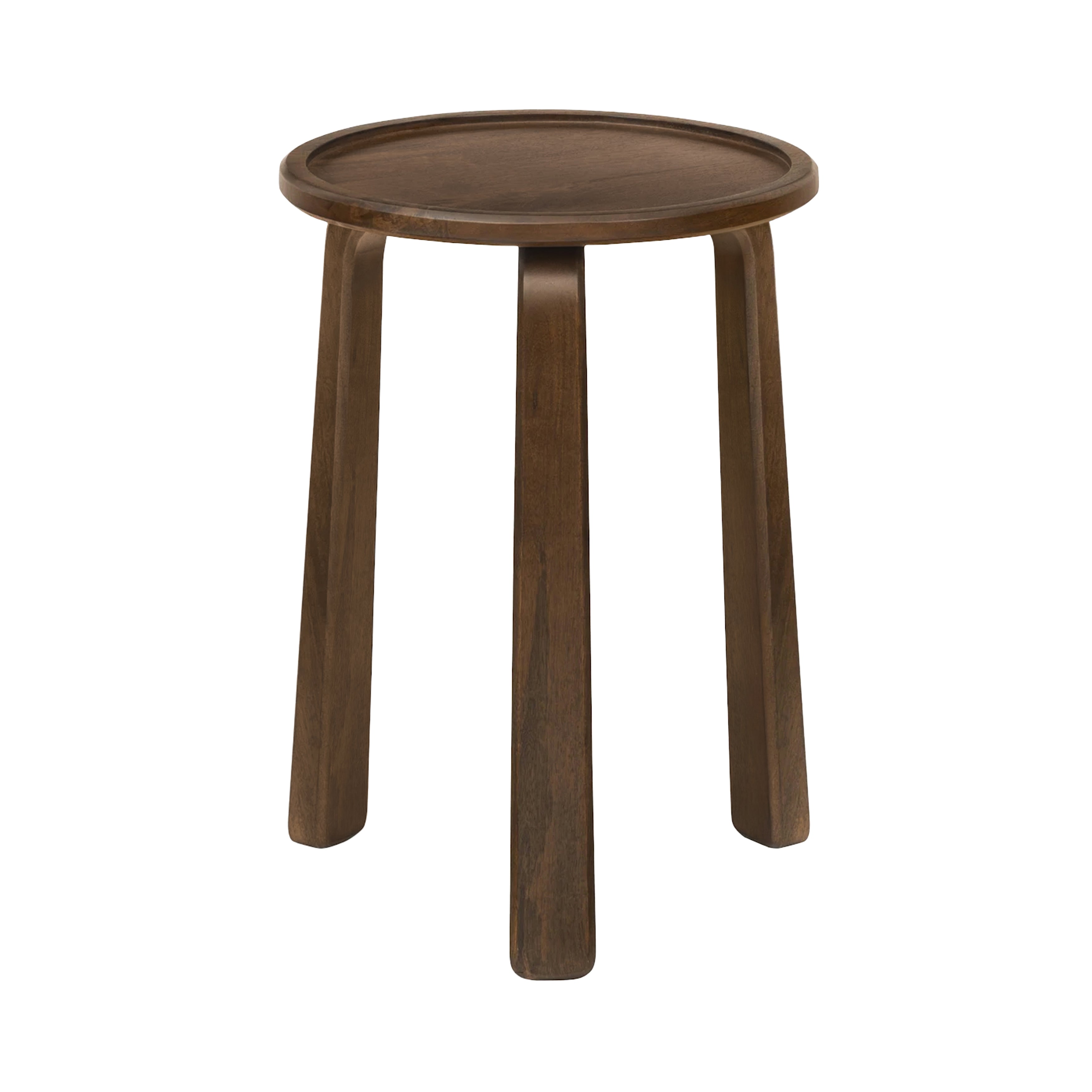 Wooden side table with a round top on a white background