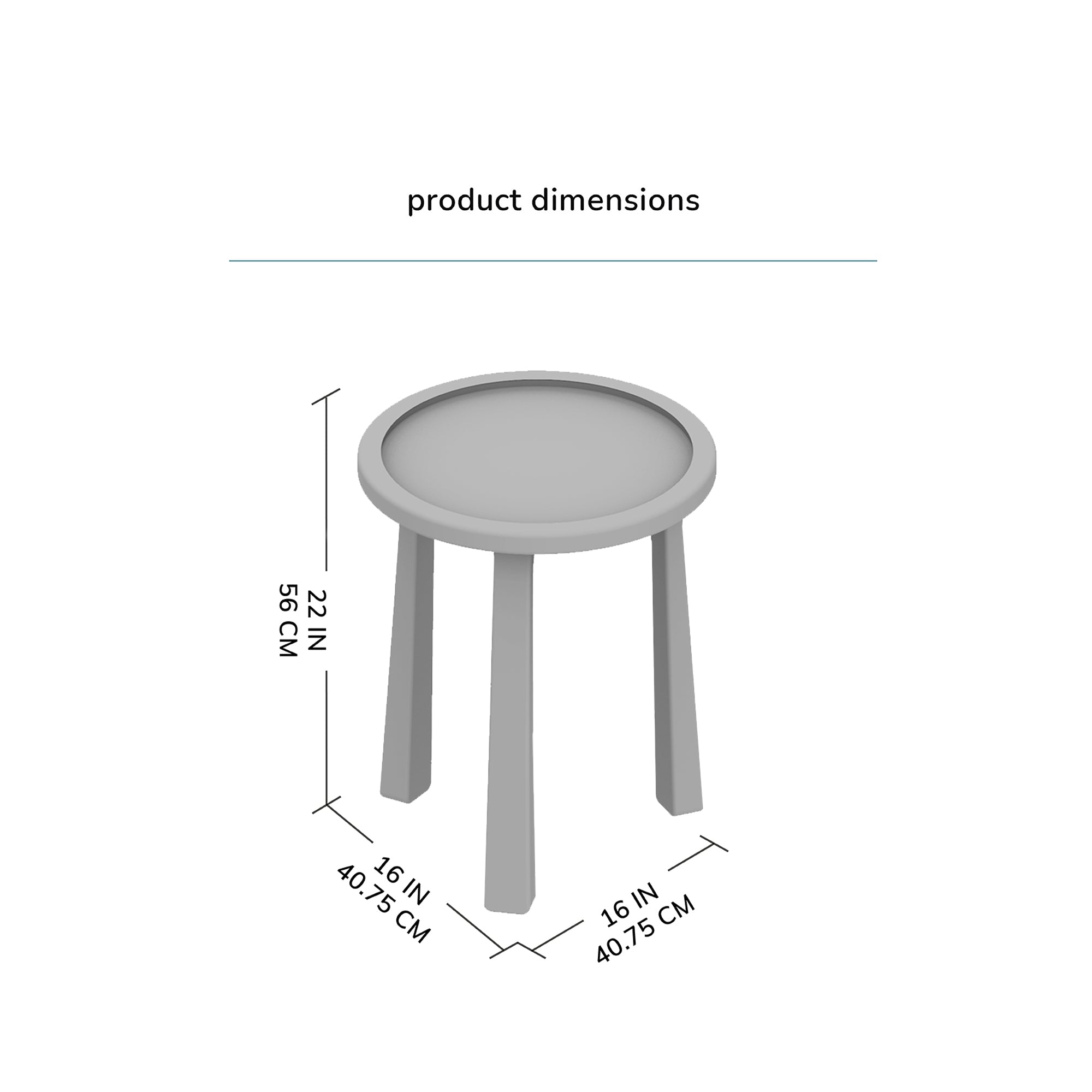 Round side table with dimensions labeled on a white background