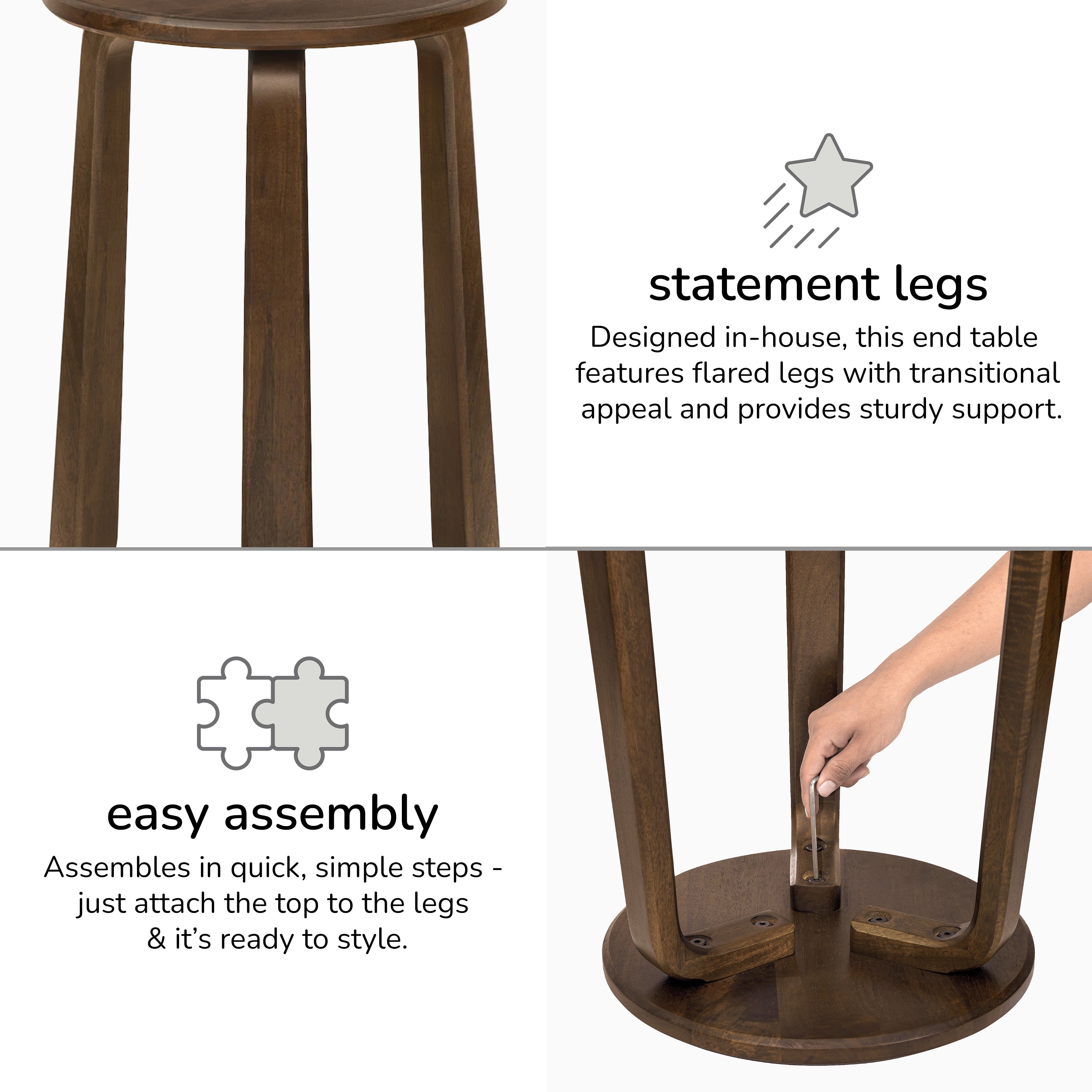 Wooden end table with flared legs and text highlighting 'statement legs' and 'easy assembly'.