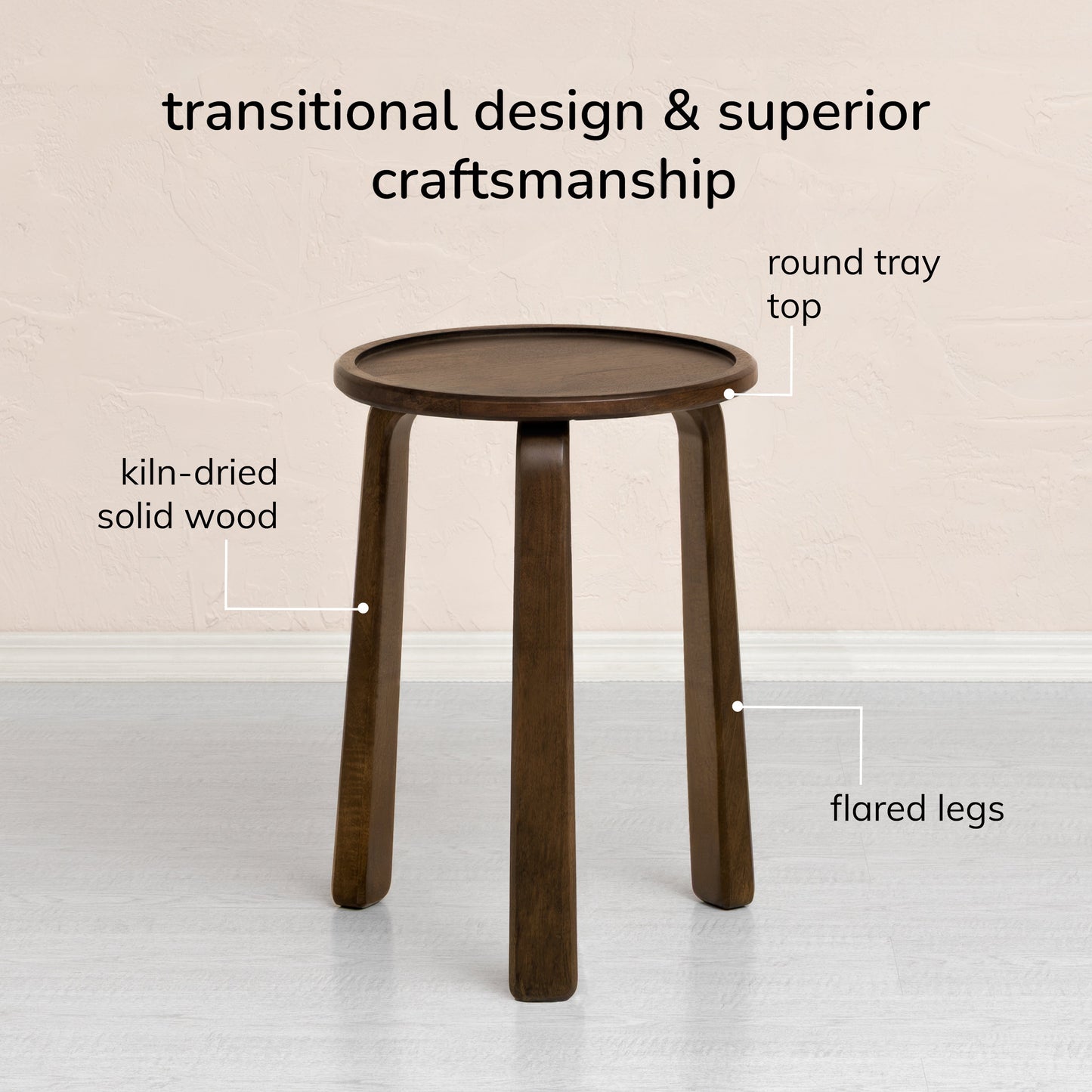 Wooden stool with round tray top and flared legs on a plain background