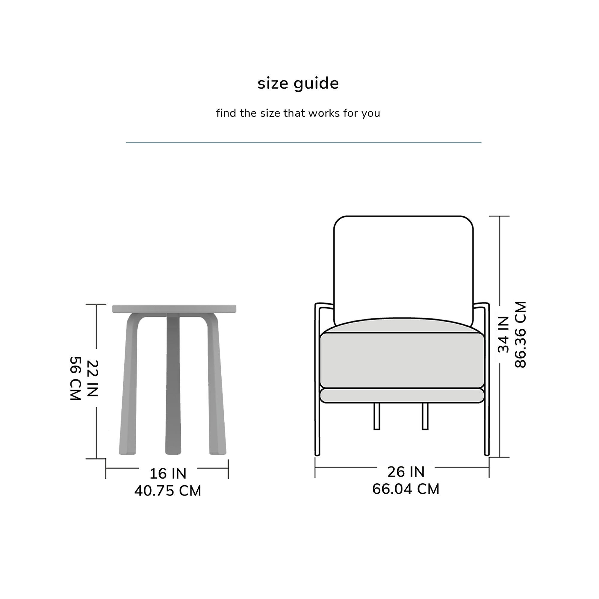 Size guide for a chair and stool with dimensions labeled.