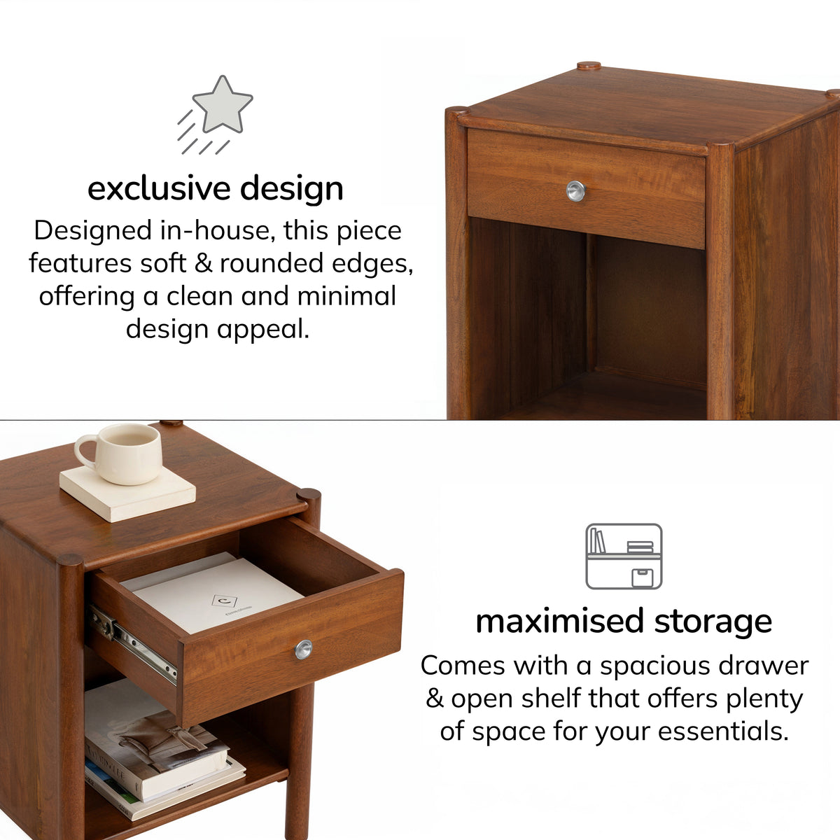 Eden Solid Wood Nightstand - Walnut
