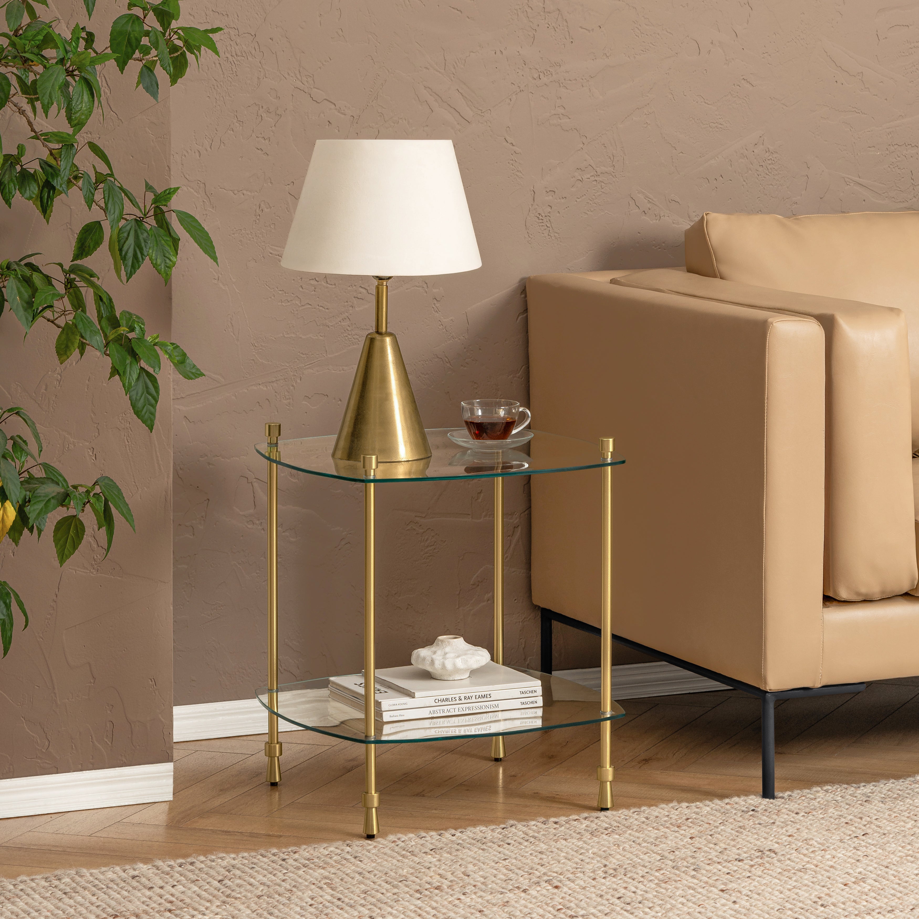 Veta Metal & Tempered Glass End Table - Antique Brass
