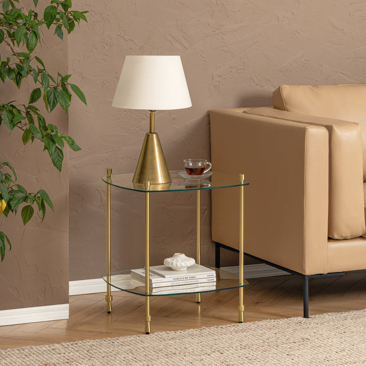 Veta Metal & Tempered Glass End Table - Antique Brass