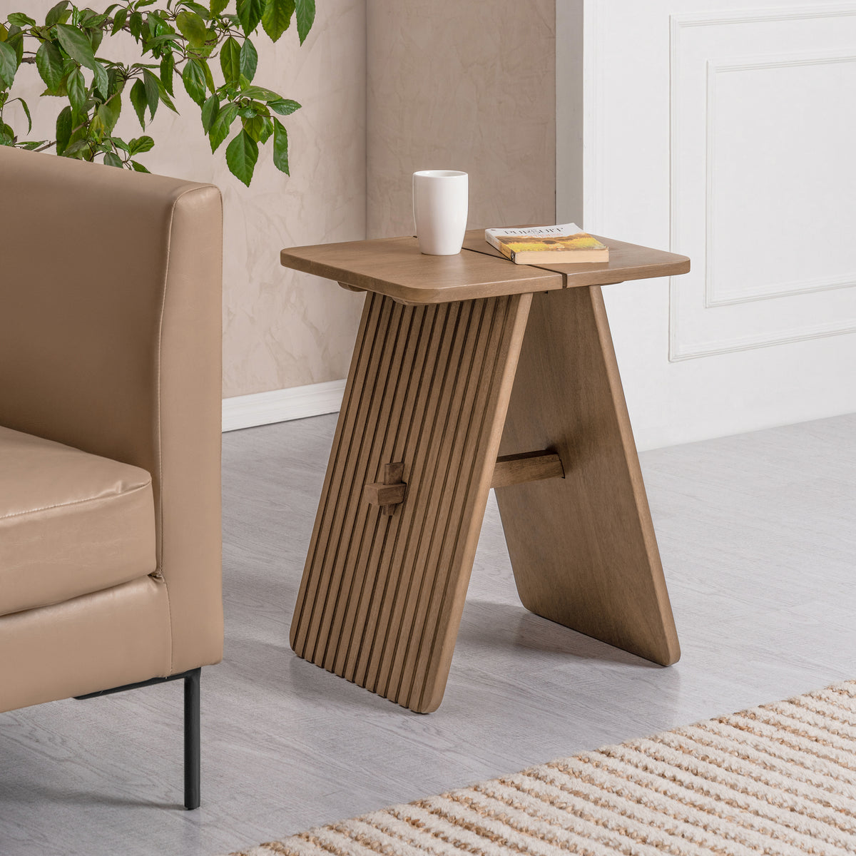 Lohan Solid Wood End Table in Cerused Taupe - Cerused Taupe