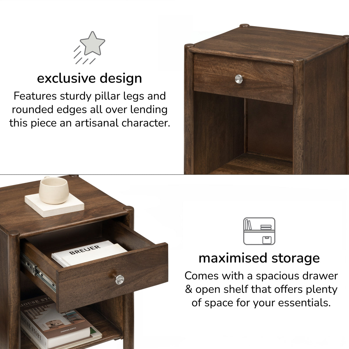 Eden Solid Wood Nightstand - Hazel Brown