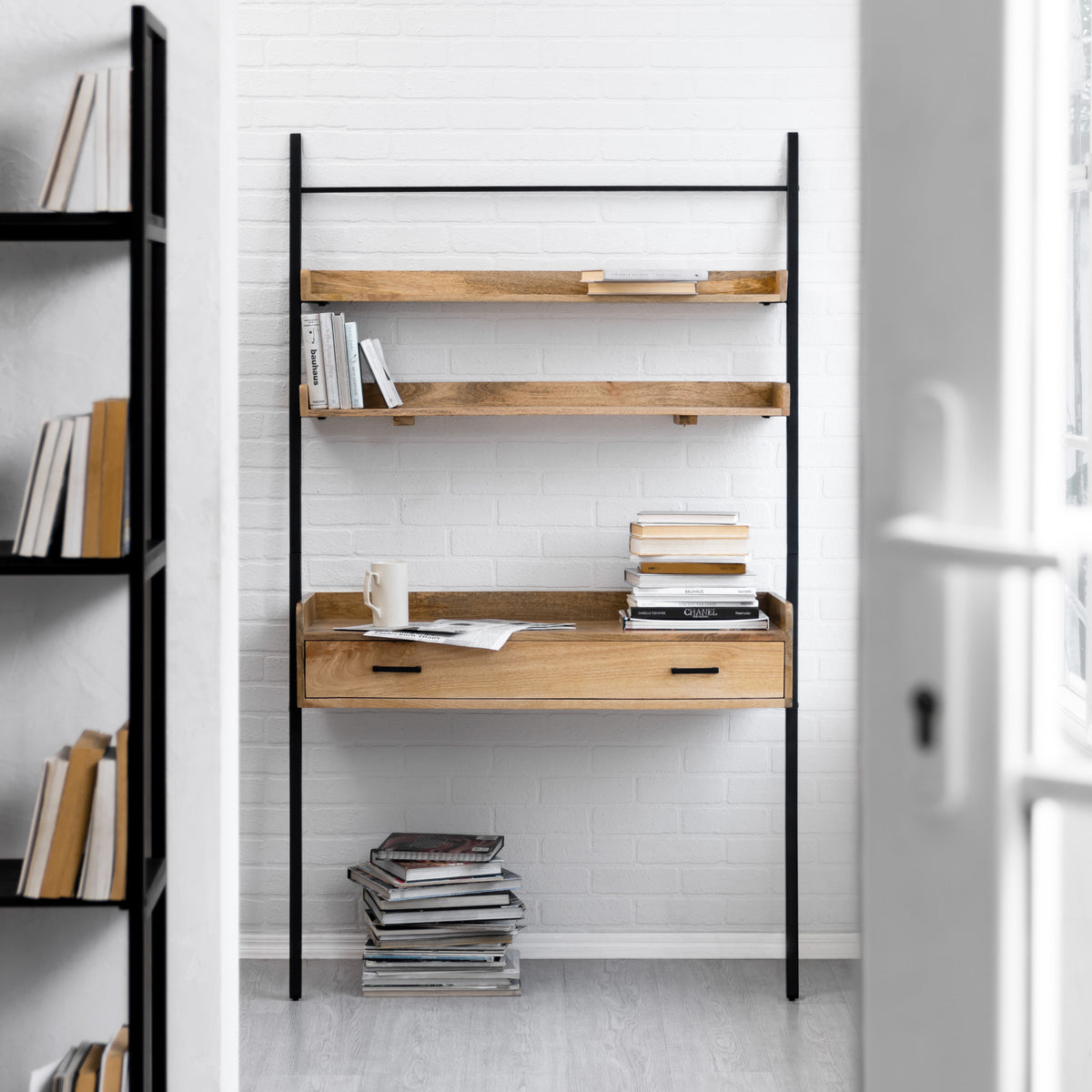 Champier Ladder Solid Wood & Metal Desk - Black & Natural