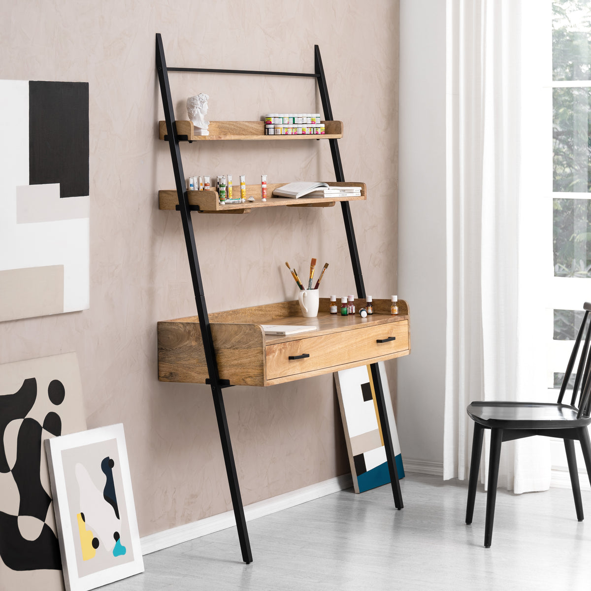 Champier Ladder Solid Wood & Metal Desk - Black & Natural