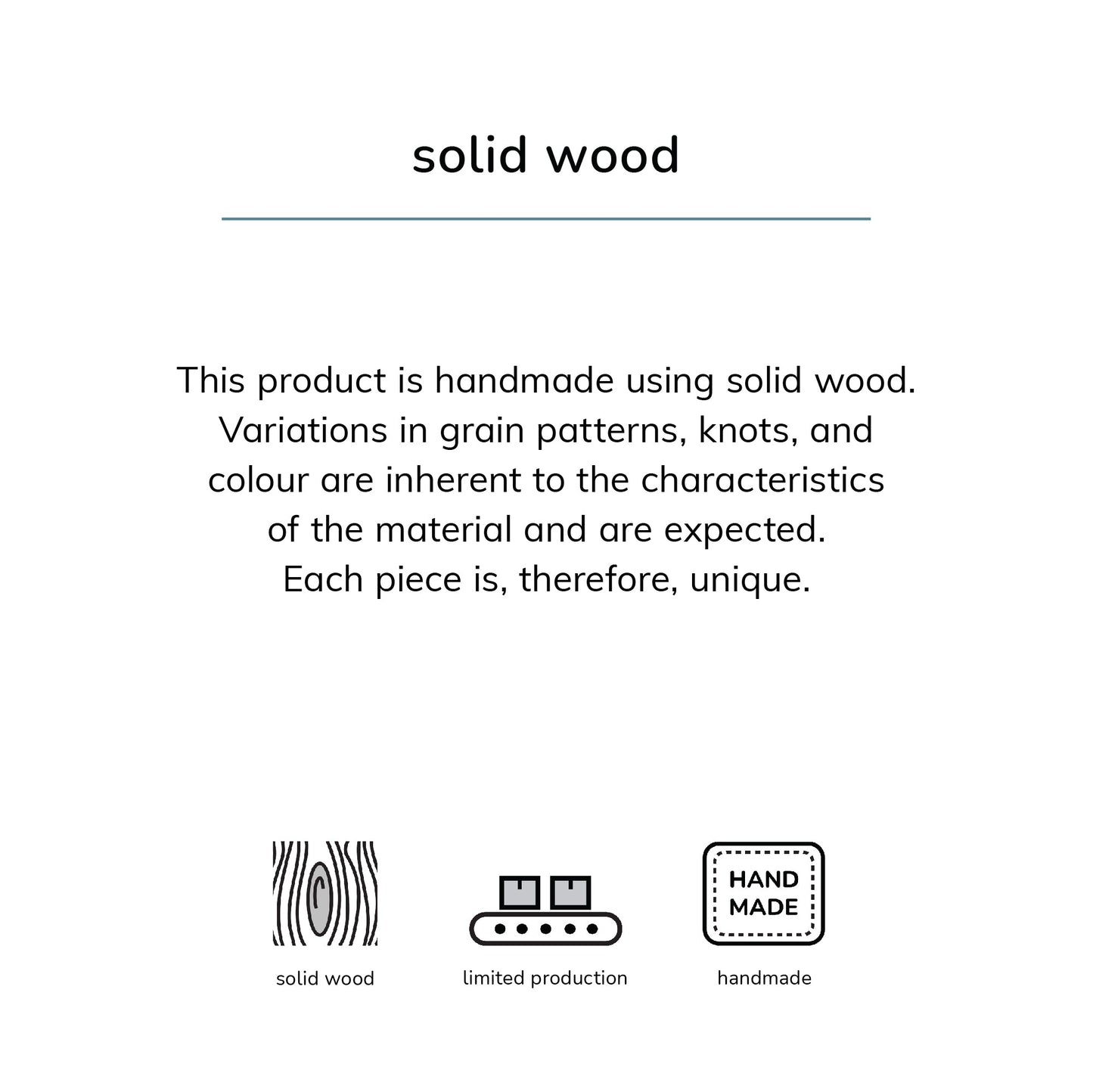 Text and icons explaining solid wood product characteristics on a white background