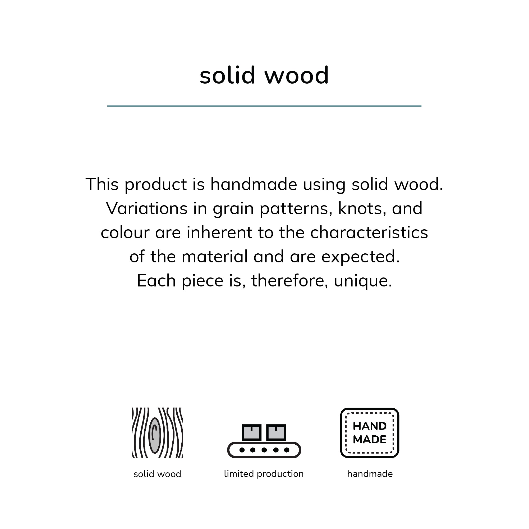 Text and icons explaining solid wood product characteristics on a white background