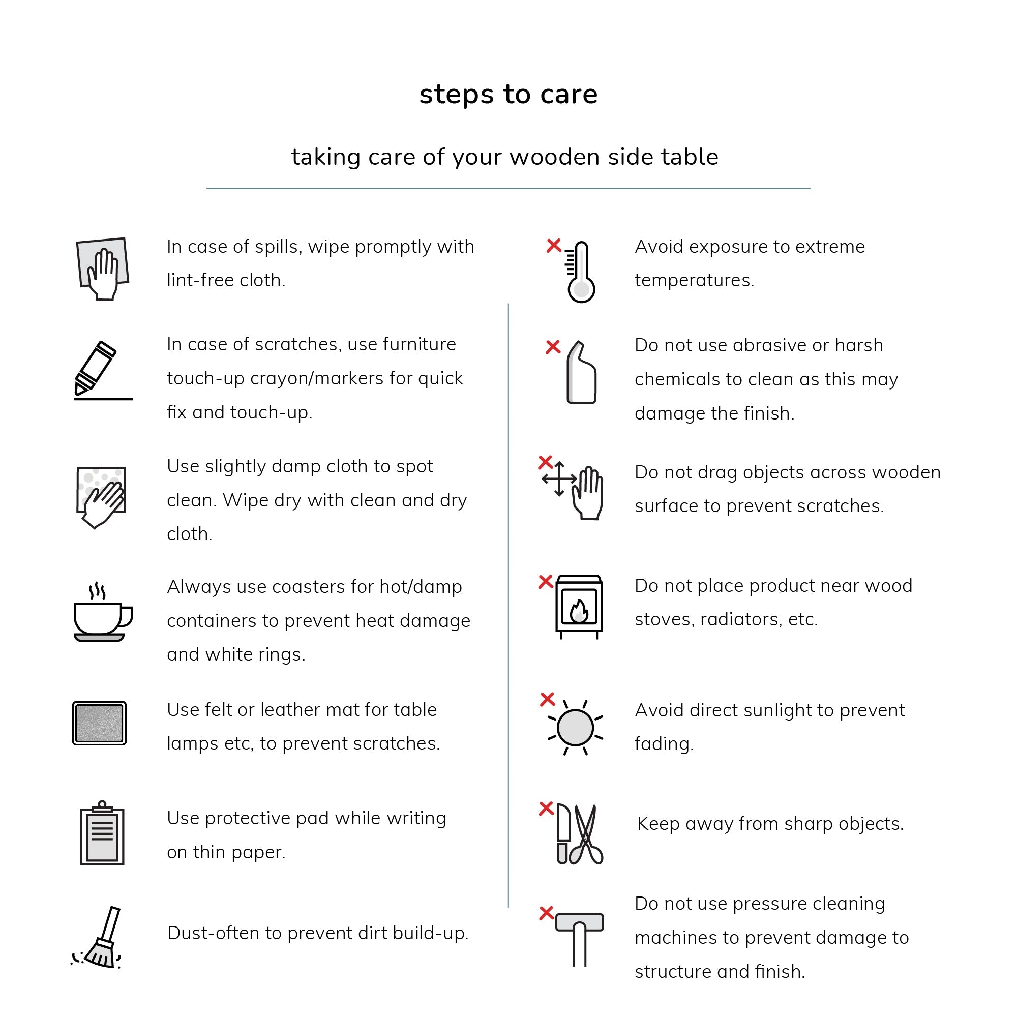 Care instructions for a wooden side table with icons and text on a white background