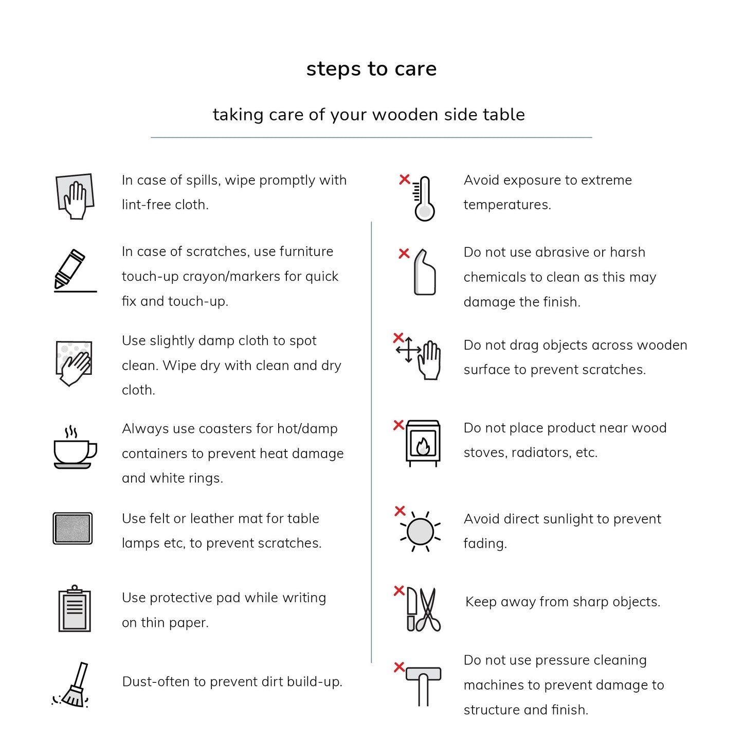 Care instructions for a wooden side table with icons and text on a white background