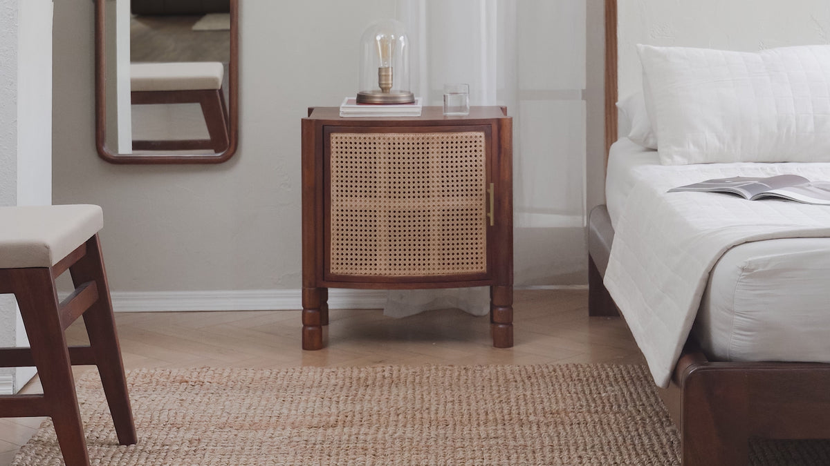Elsie Solid Wood & Cane Nightstand - Walnut.