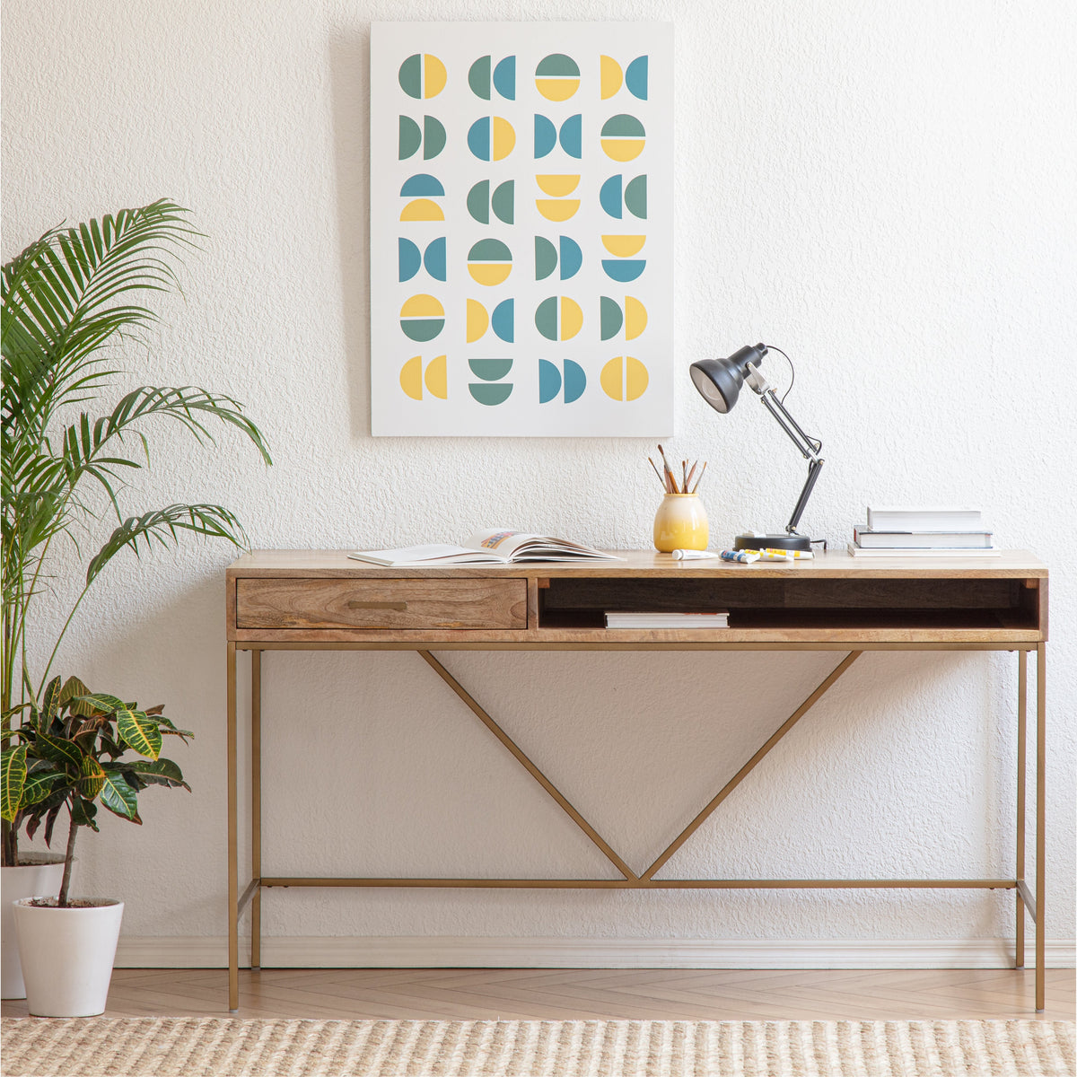 Bilbao Solid Wood & Metal Desk - Gold & Natural