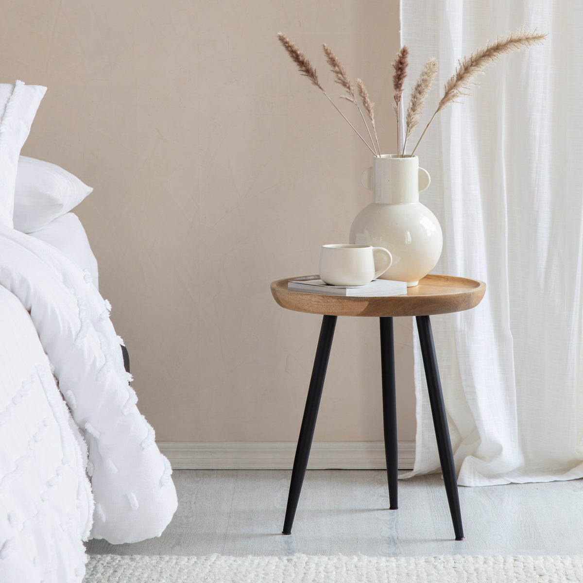 Chervey Solid Wood & Metal Small Tri Pin Side Table - Natural & Black